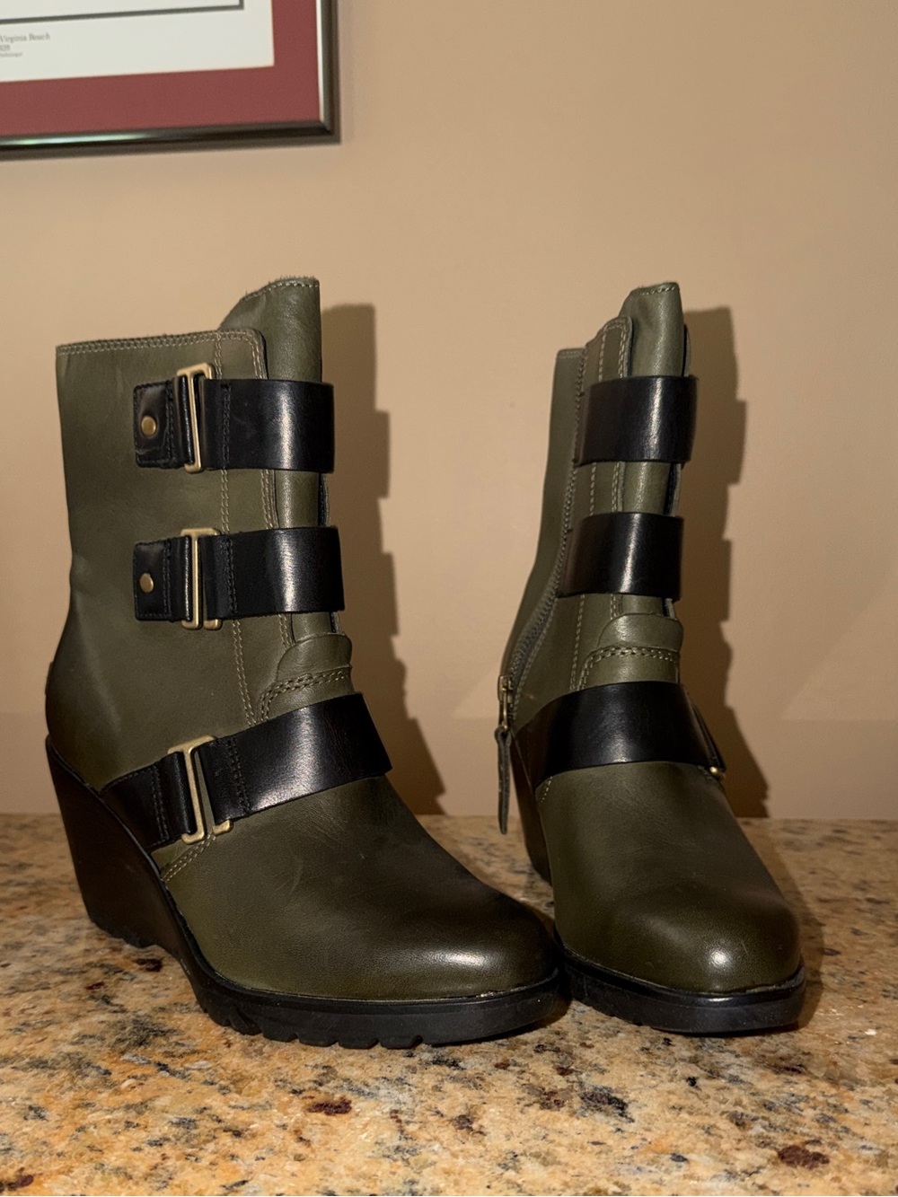 Sorel Olive Green Wedge Ankle Boots with Black Strap Accents